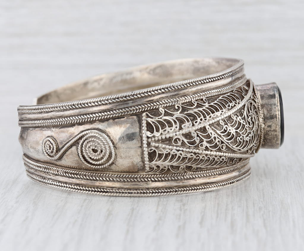 Vintage Onyx Ornate Cuff Bracelet Sterling Silver Statement 7.75"