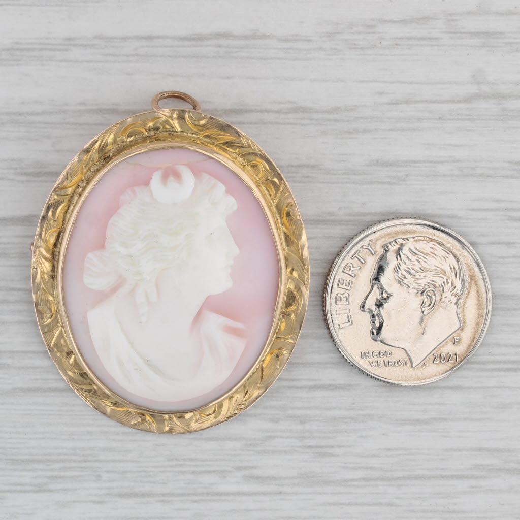 Gray Vintage Carved Pink Shell Cameo Brooch Pendant 14k Yellow Gold Pin