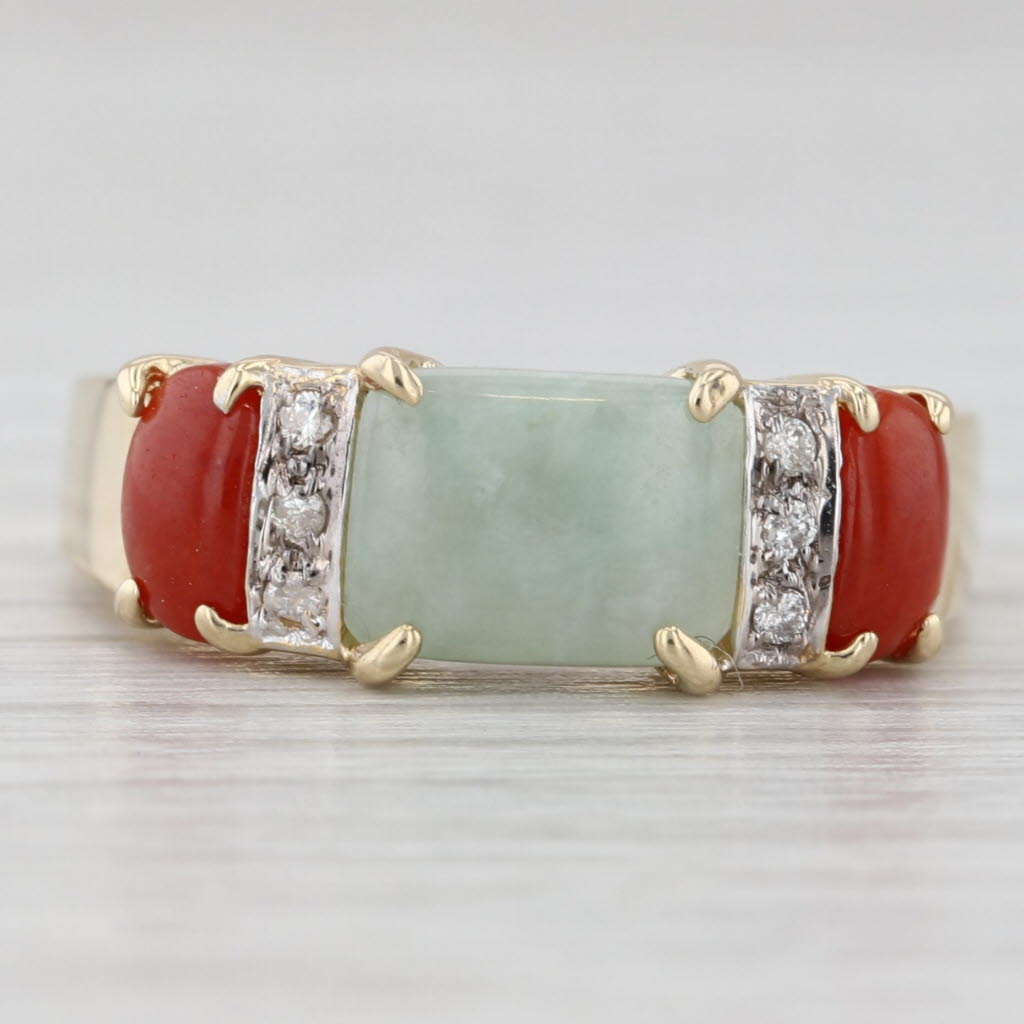 Light Gray Green Orange Jadeite Jade Ring 14k Yellow Gold Diamond Accents Size 7.25