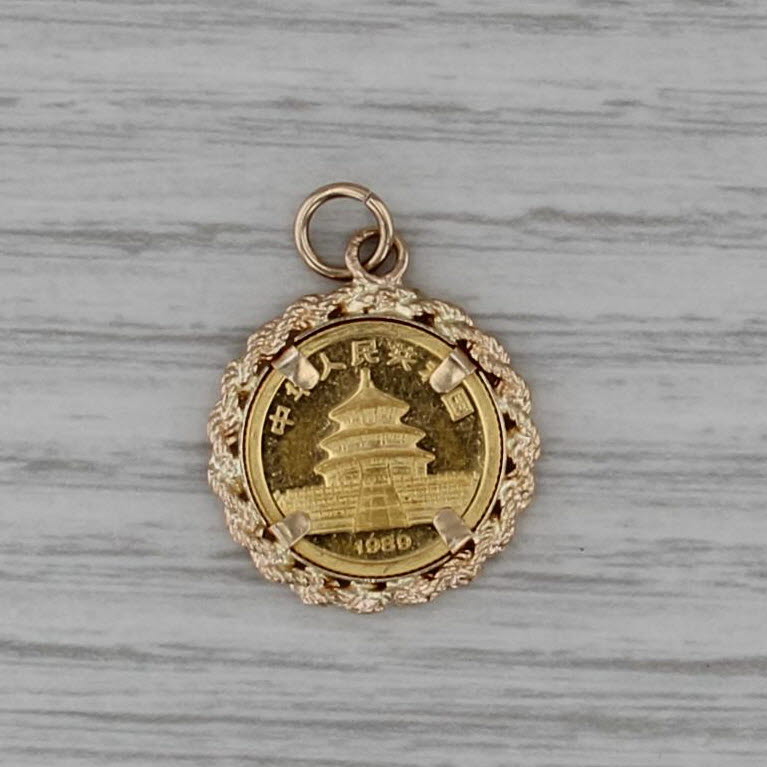1989 Chinese Panda Coin Pendant 1/20 oz 24k 5 Yuan 14k Yellow Gold Charm