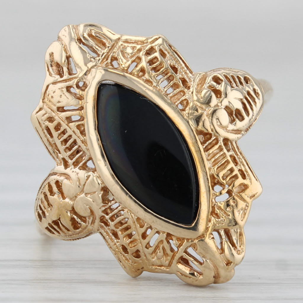 Gray Onyx Navette Cabochon Filigree Ring 10k Yellow Gold Size 7.25