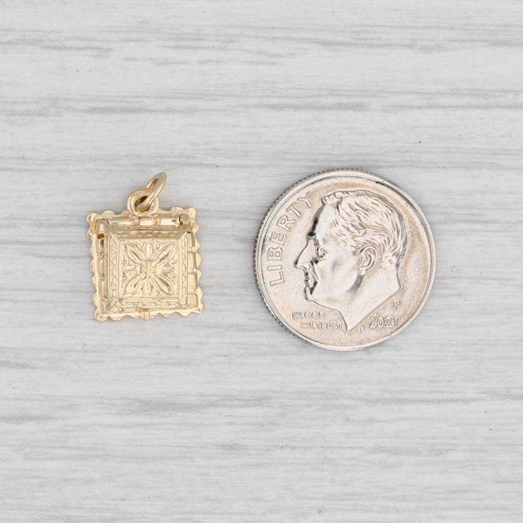 Light Gray Vintage Ring Box with Rhinestone Ring Charm 14k Yellow Gold Small Pendant Opens