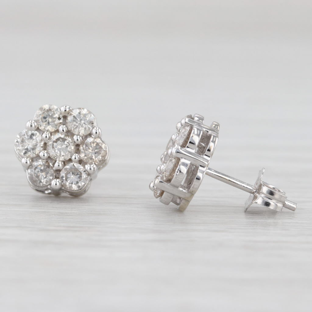 Light Gray 0.80ctw Diamond Flower Cluster Stud Earrings 10k White Gold