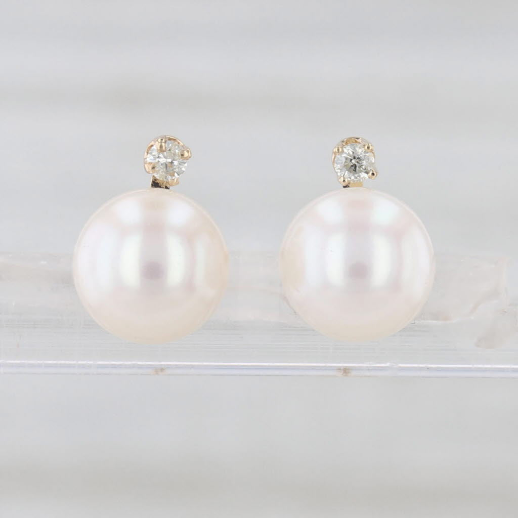 Cultured Pearl Diamond Stud Earrings 14k Yellow Gold 7.3-7.4mm Studs