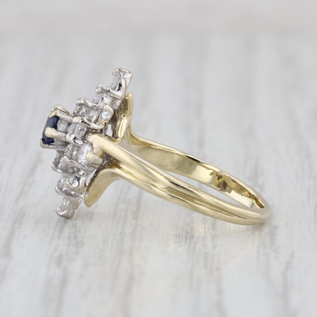 Blue Sapphire Diamond Cluster Bypass Ring 14k Yellow Gold Size 4