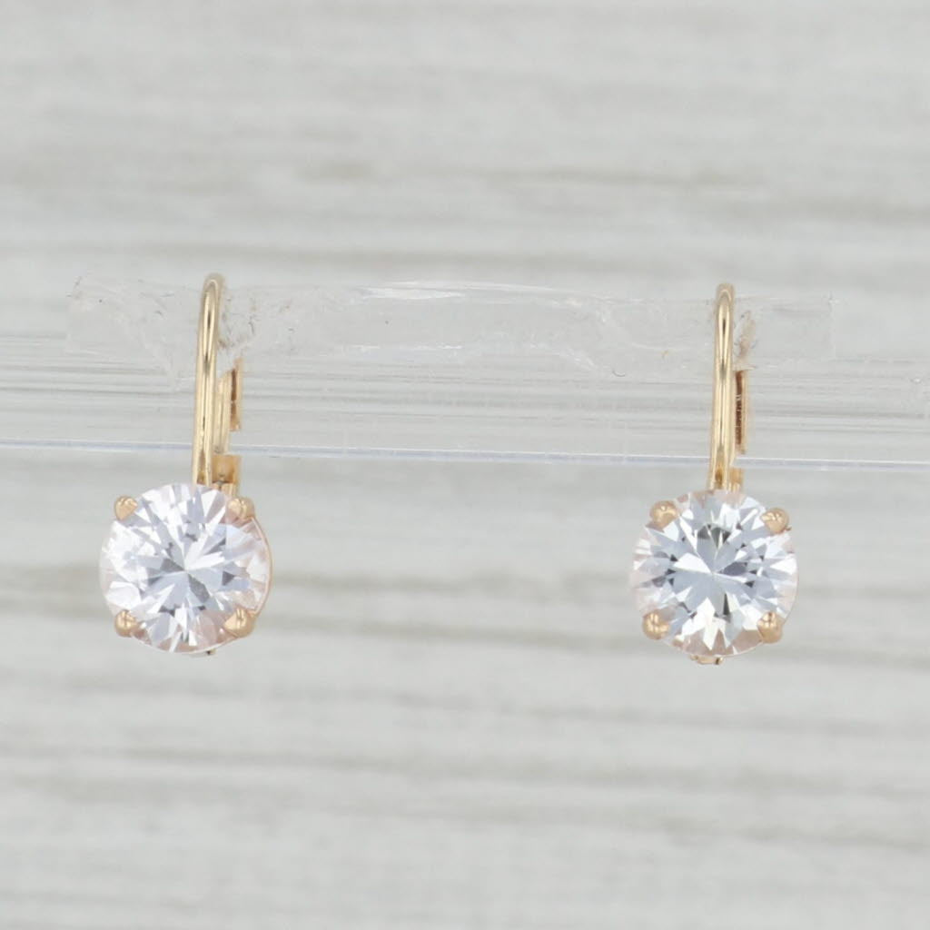 Light Gray 1.56ctw White Sapphire Earrings 14k Yellow Gold Leverback Round Solitaire Drops