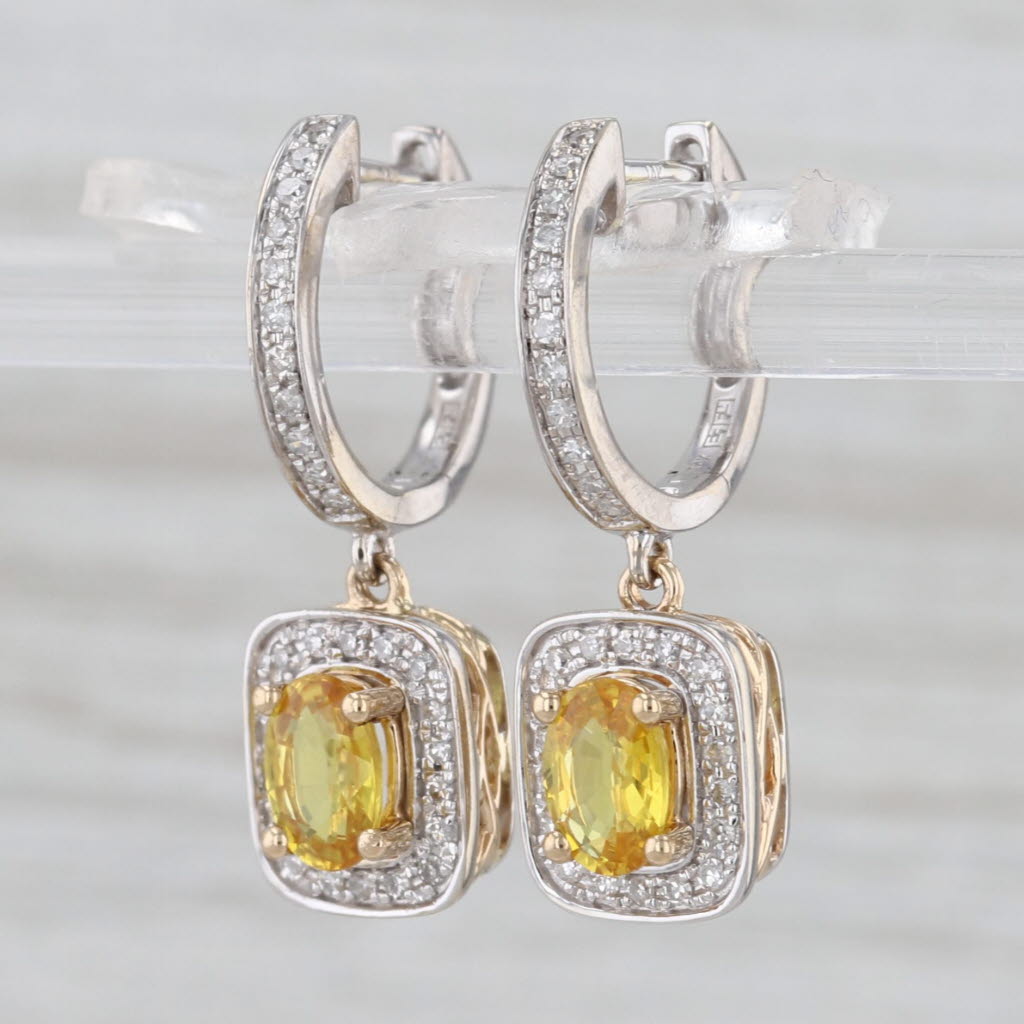 1.23cw Yellow Sapphire Diamond Halo Dangle Earrings 14k White Yellow Gold Hoops