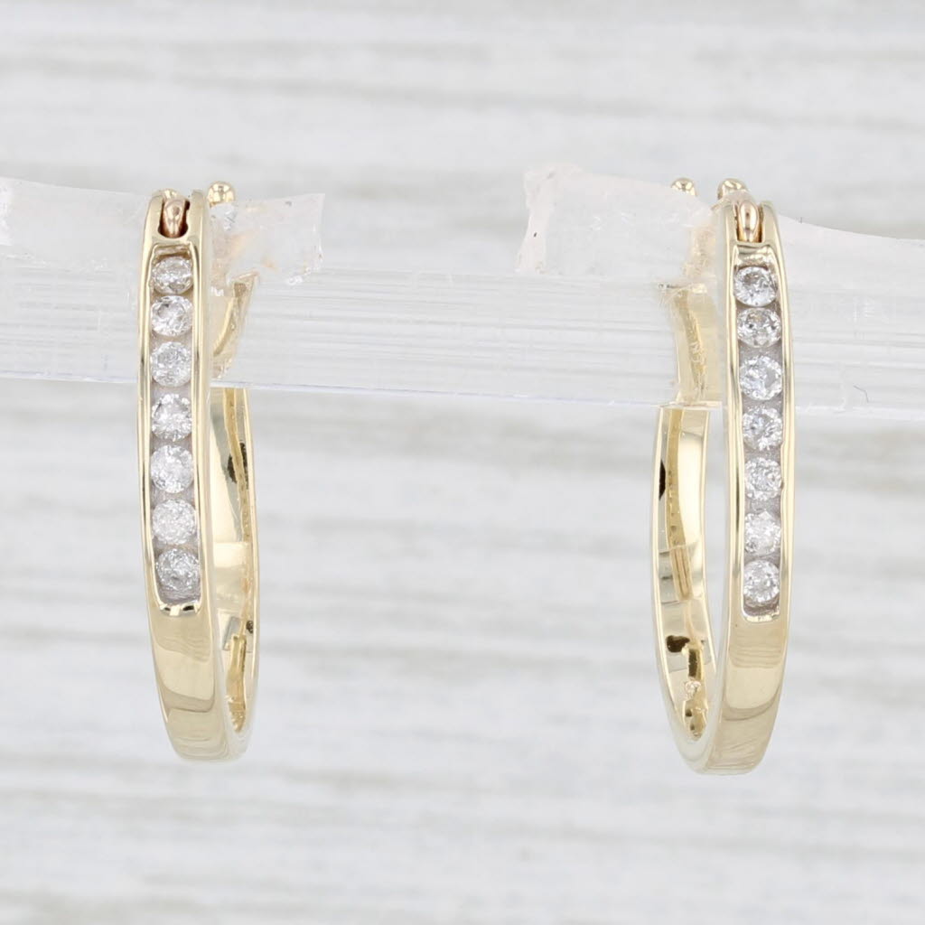 Light Gray Diamond Hoop Earrings 10k Yellow Gold Snap Top Round Hoops