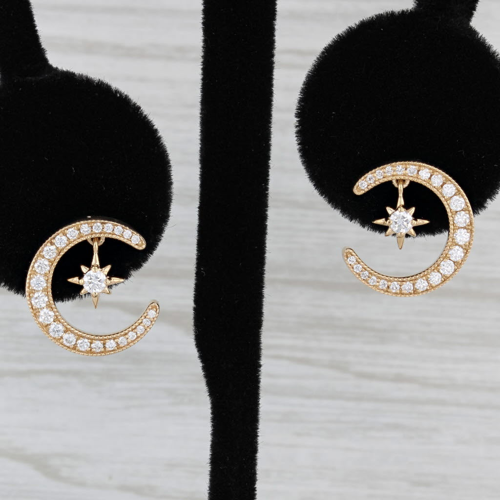 Black New 0.48ctw Diamond Crescent Moon Star Earrings 14k Yellow Gold Pierced Drops