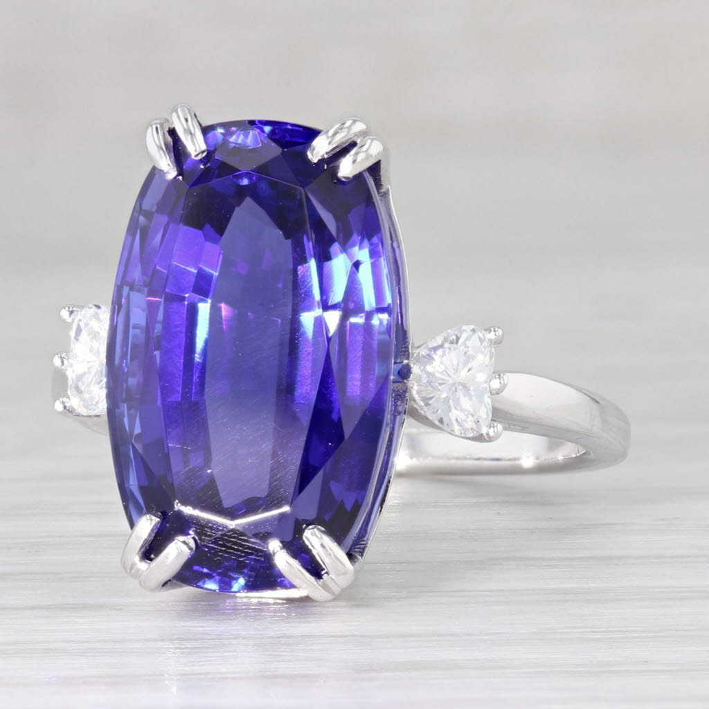 Light Gray 12.92ctw Cushion GIA Tanzanite Diamond Hearts Ring 18k White Gold Size 7