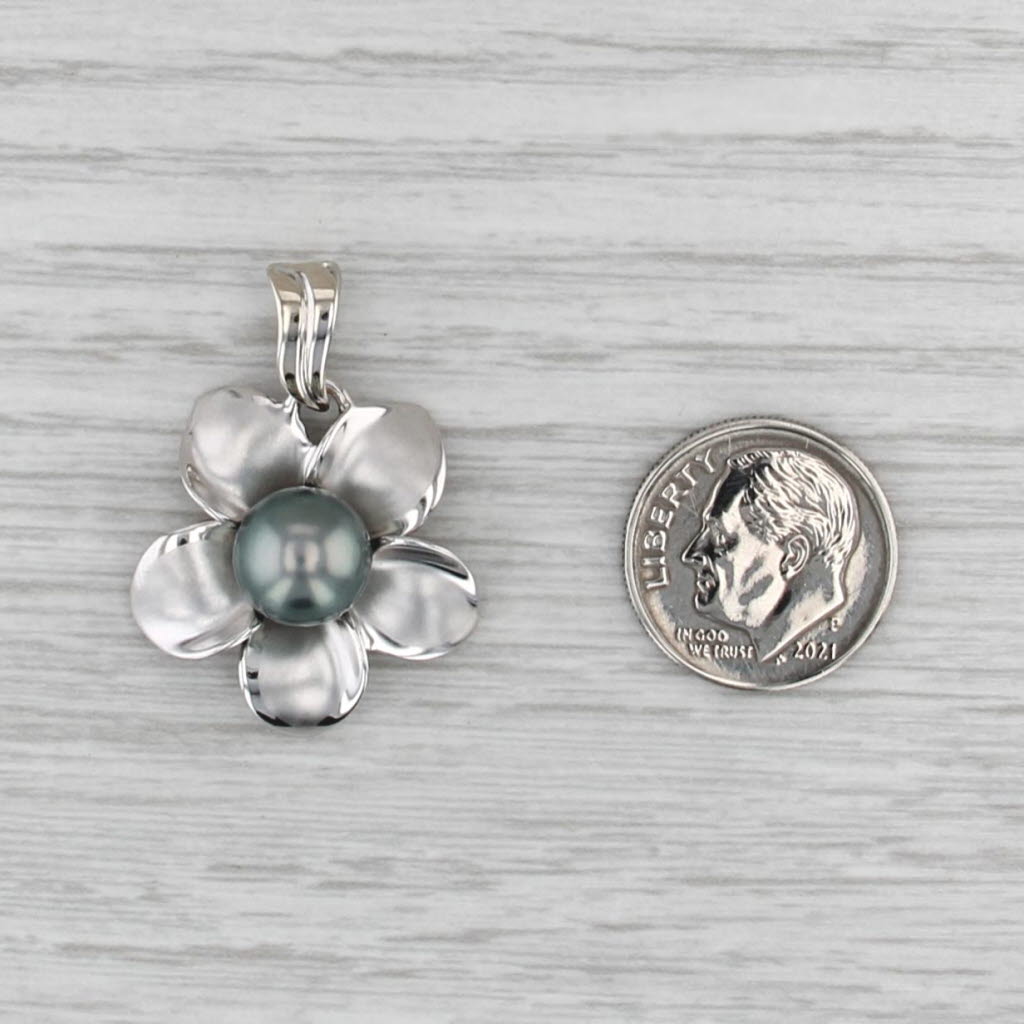 Cultured Black Pearl Flower Pendant 14k White Gold Floral