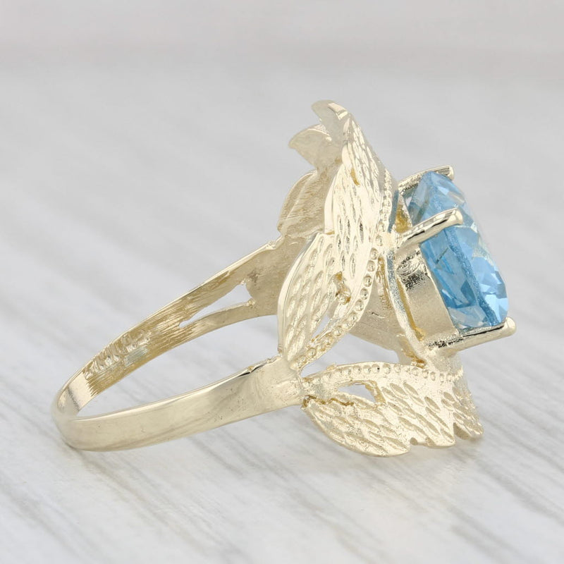 Light Gray Vintage Lab Created Blue Spinel Floral Ring 10k Gold Size 6.5 Oval Solitaire