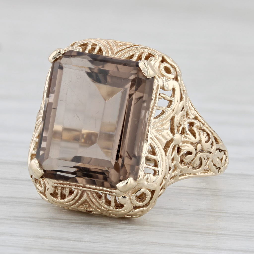 Gray 5.40ct Smoky Quartz Solitaire Ring 10k Yellow Gold Size 4.75 Floral Filigree