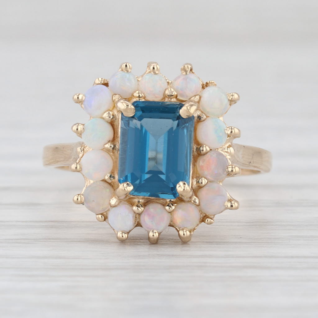 1.70ct Blue Topaz Opal Halo Ring 14k Yellow Gold Size 8