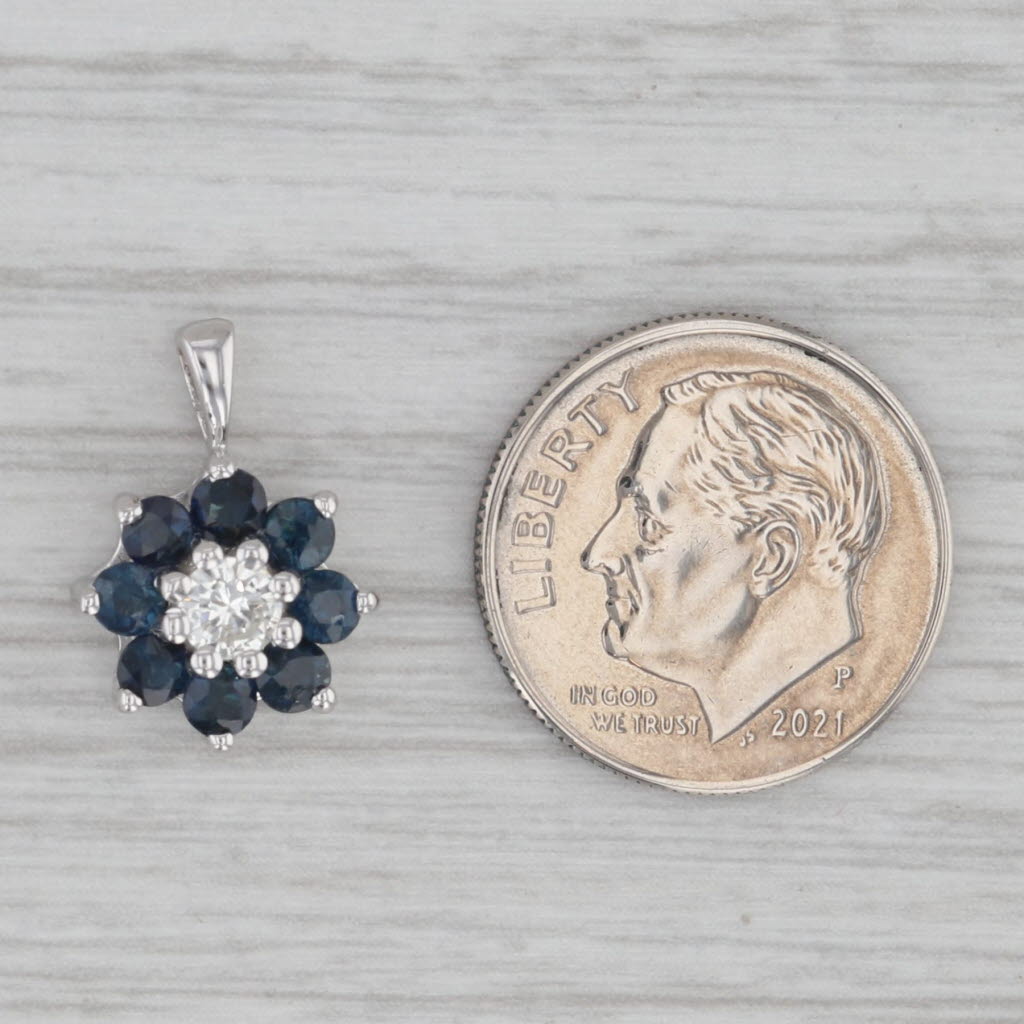 Gray 0.85ctw Blue Sapphire Diamond Flower Pendant 14k White Gold