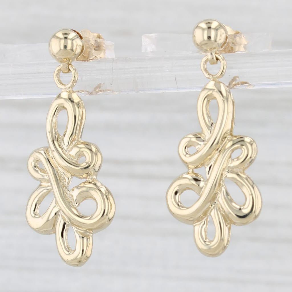 Light Gray Scroll Work Dangle Earrings 10k Yellow Gold Pierced Drops