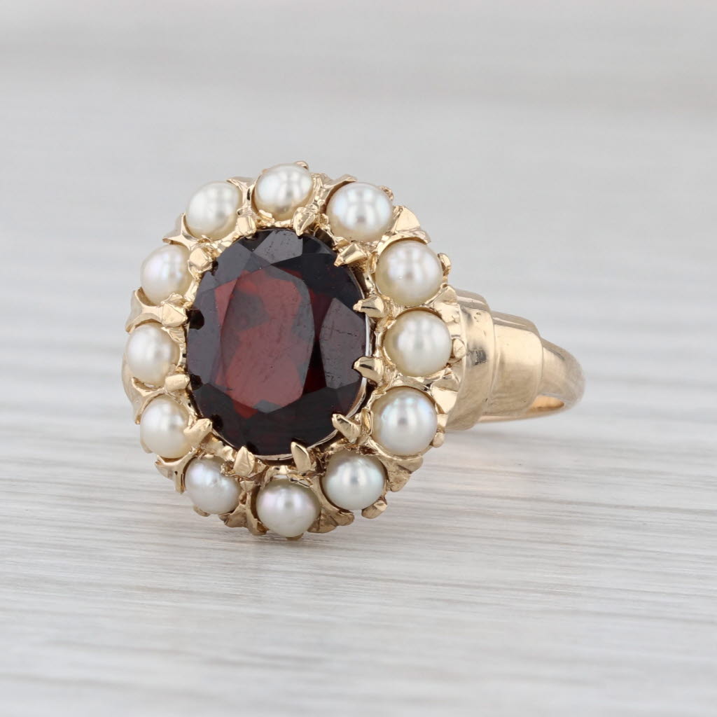 Vintage Oval Garnet Seed Pearl Halo Ring 12k Yellow Gold Size 8