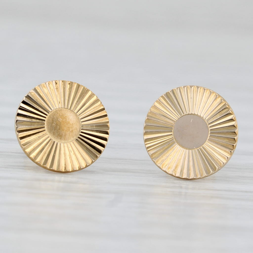 Light Gray Rayed Stud Earrings 14k Yellow Gold Circle Round Studs