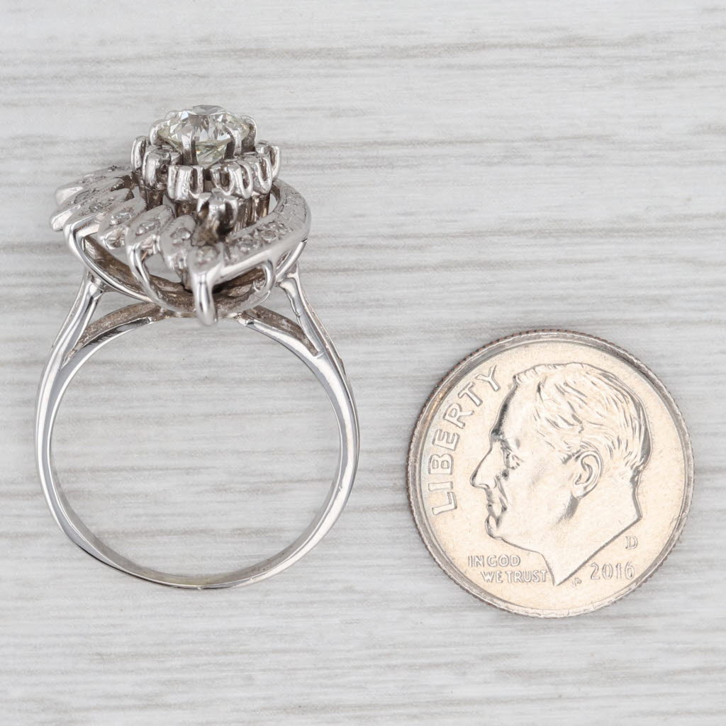 Light Gray Vintage Diamond Cocktail Ring 14k White Gold Size 7.25 Old European Cut