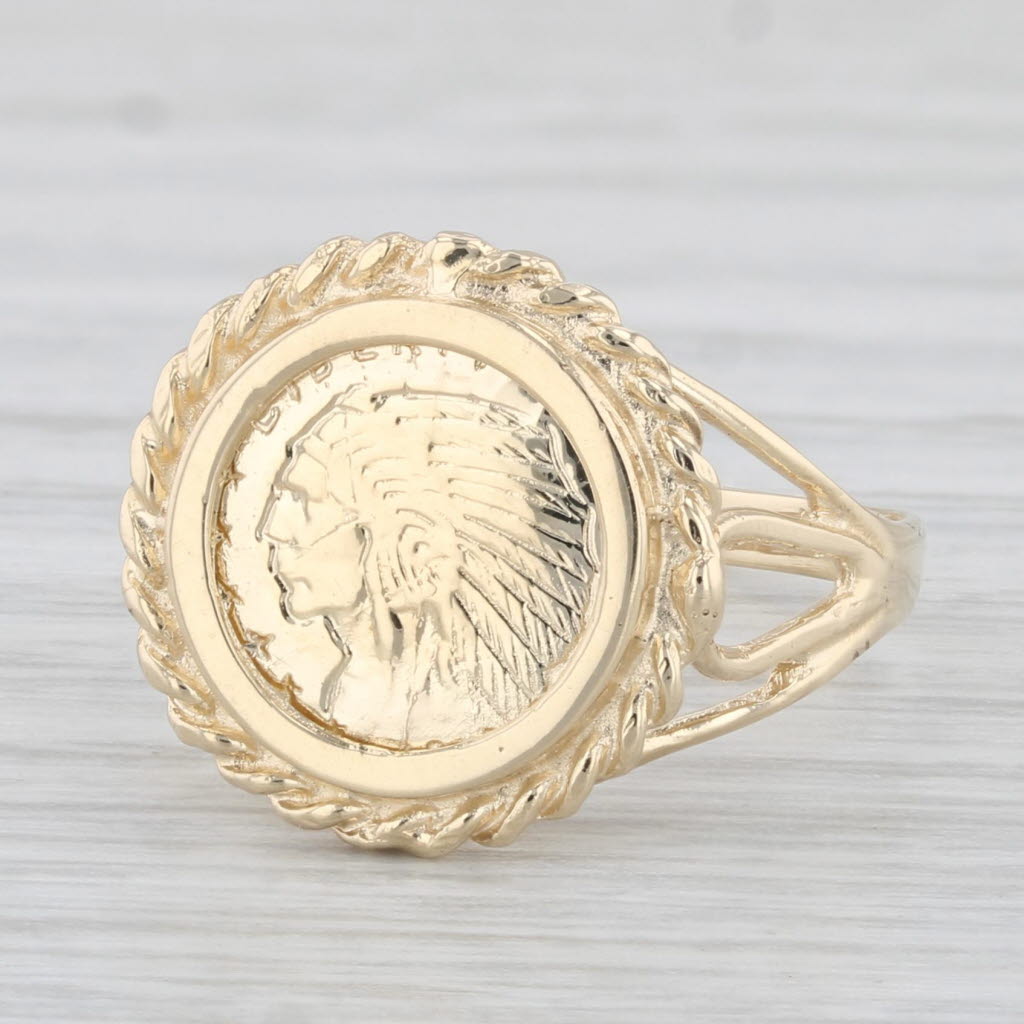 Light Gray Indian Head Coin Copy Signet Ring 14k Yellow Gold Size 6