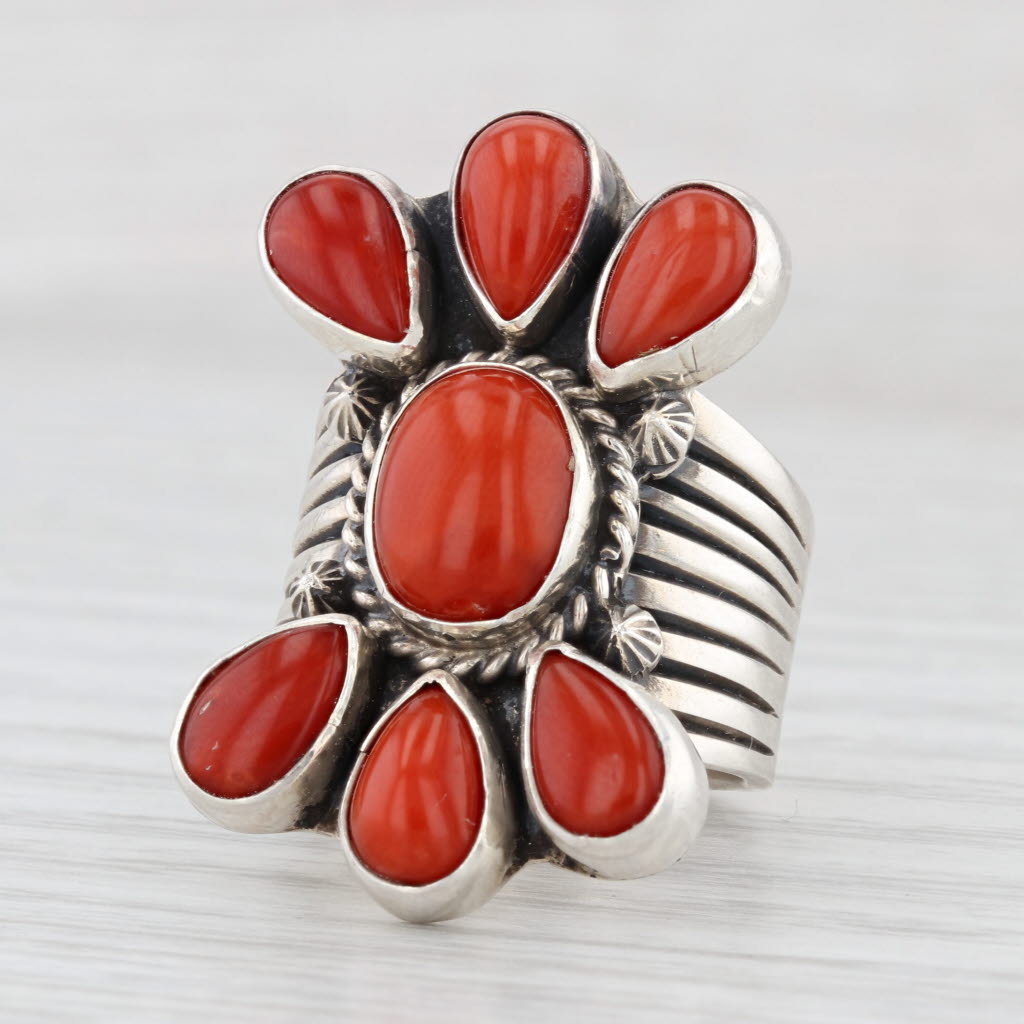 Vintage Native American Coral Ring Sterling Silver Derrick Gordon Navajo Sz 6.75