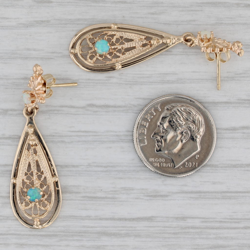 Gray Vintage Opal Filigree Teardrop Earrings 14k Yellow Gold