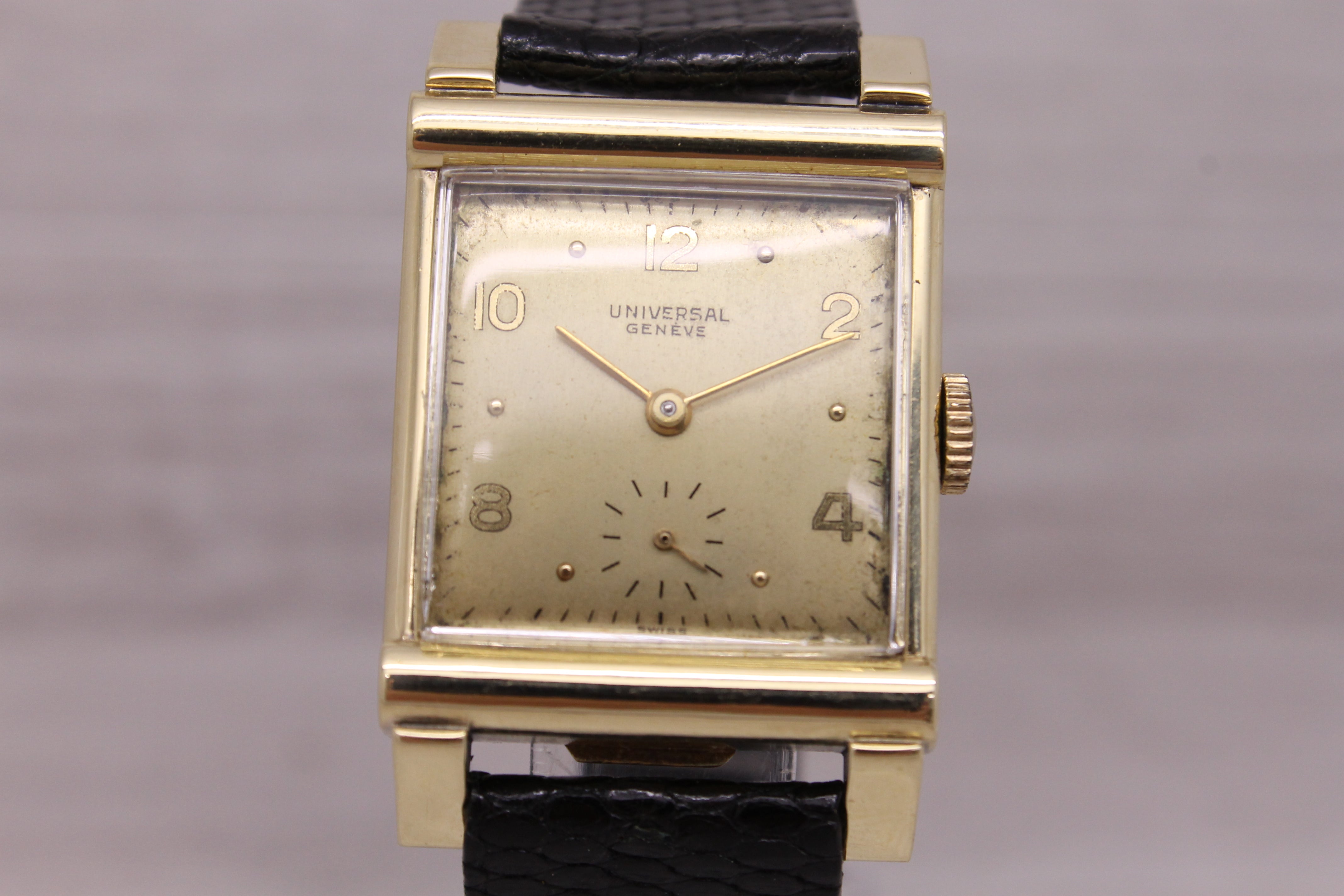 Rosy Brown Vintage 1950's Universal Geneve 14k Yellow Gold Square Mens Dress Watch c.264