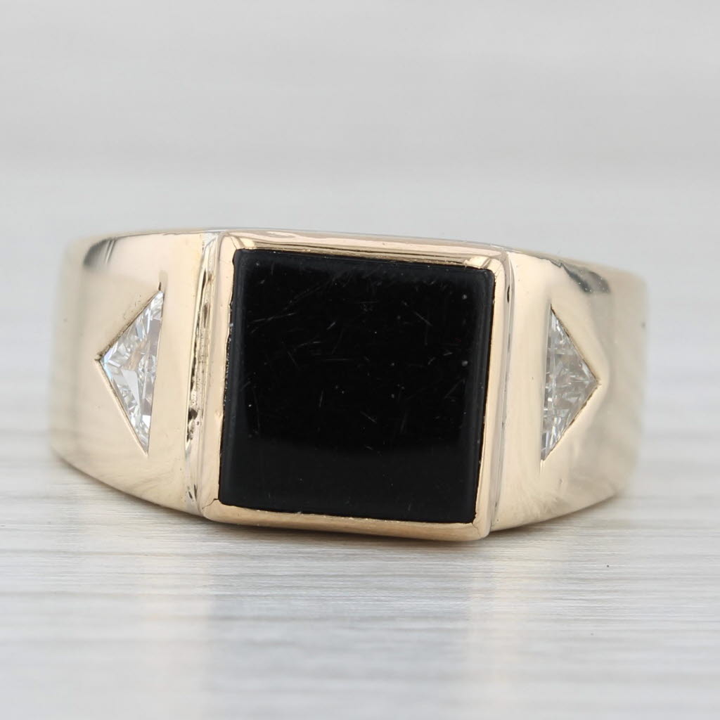 Light Gray Onyx 0.55ctw Diamond Ring 14k Yellow Gold Size 9.5-9.75 Vintage Signet Style