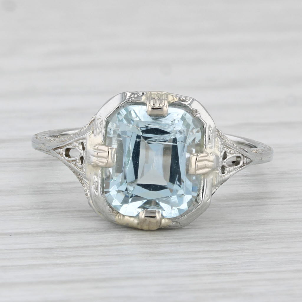 Light Gray Vintage 1.40ct Aquamarine Solitaire Filigree Ring 19k White Gold Size 6.5