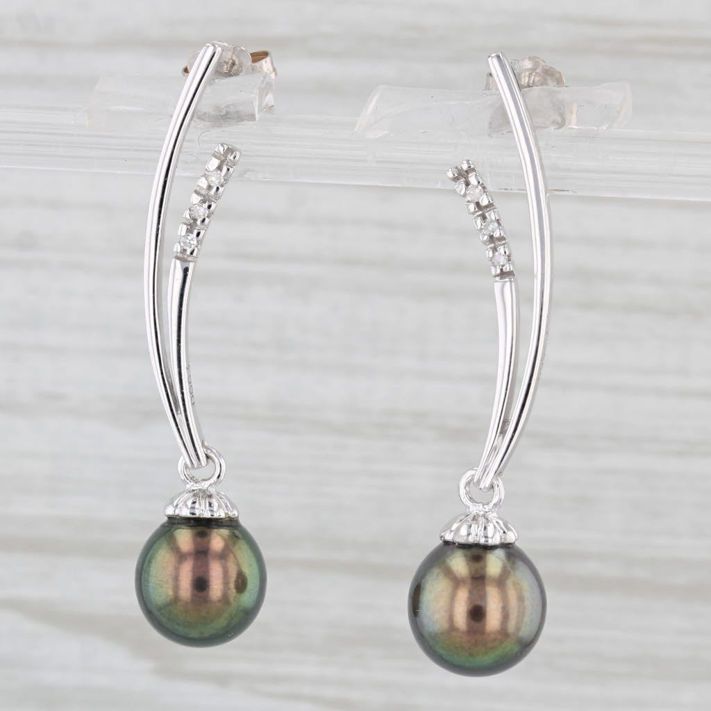 Light Gray Cultured Black Pearl Drop Diamond Earrings 14k White Gold Pierced