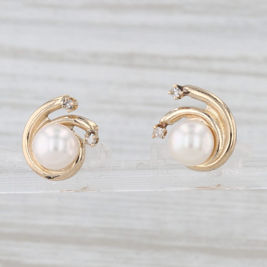 Light Gray Cultured Pearl Diamond Swirl Stud Earrings 14k Yellow Gold