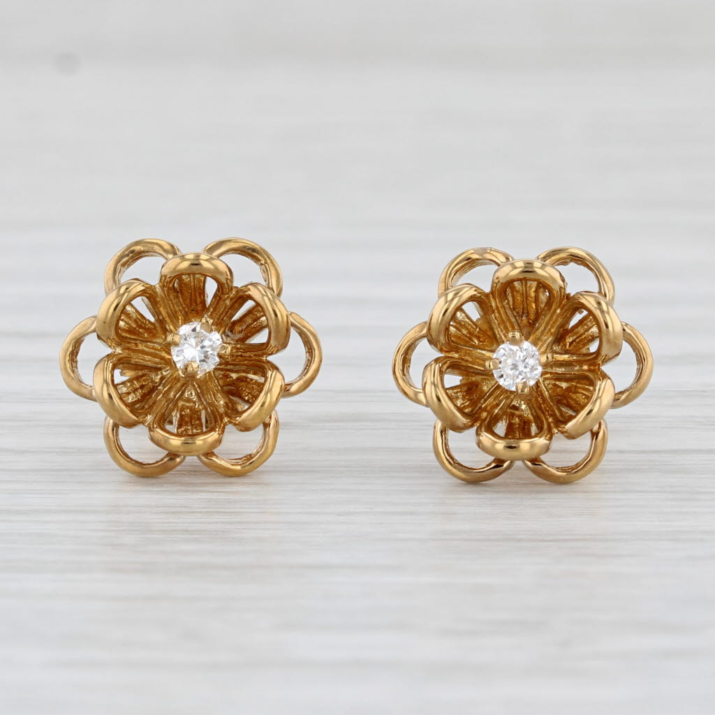 Light Gray Diamond Flower Stud Earrings 14k Yellow Gold Floral Studs