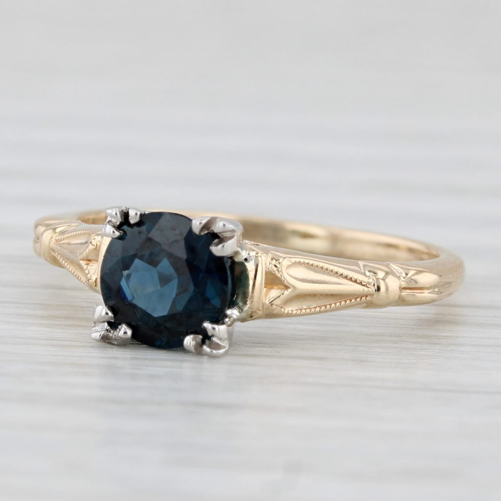 Light Gray Vintage 0.97ctw Blue Sapphire Diamond Ring 14k Gold Size 5.25 Engagement