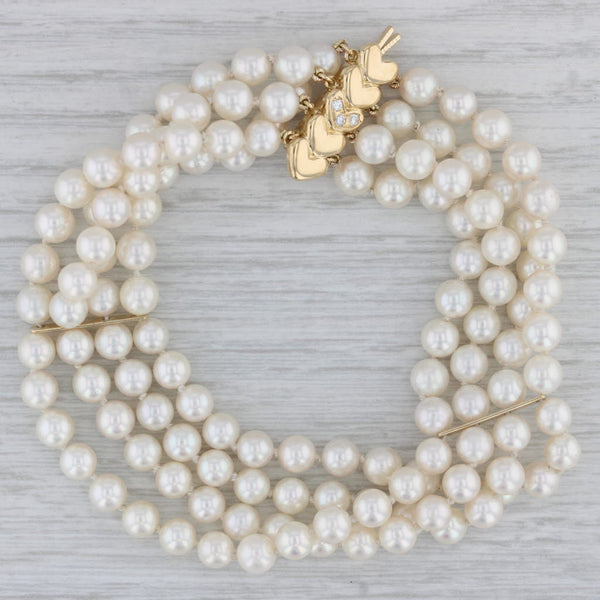 Mikimoto Cultured Pearl Strand Bracelet 18k Yellow Gold Diamond Heart Clasp