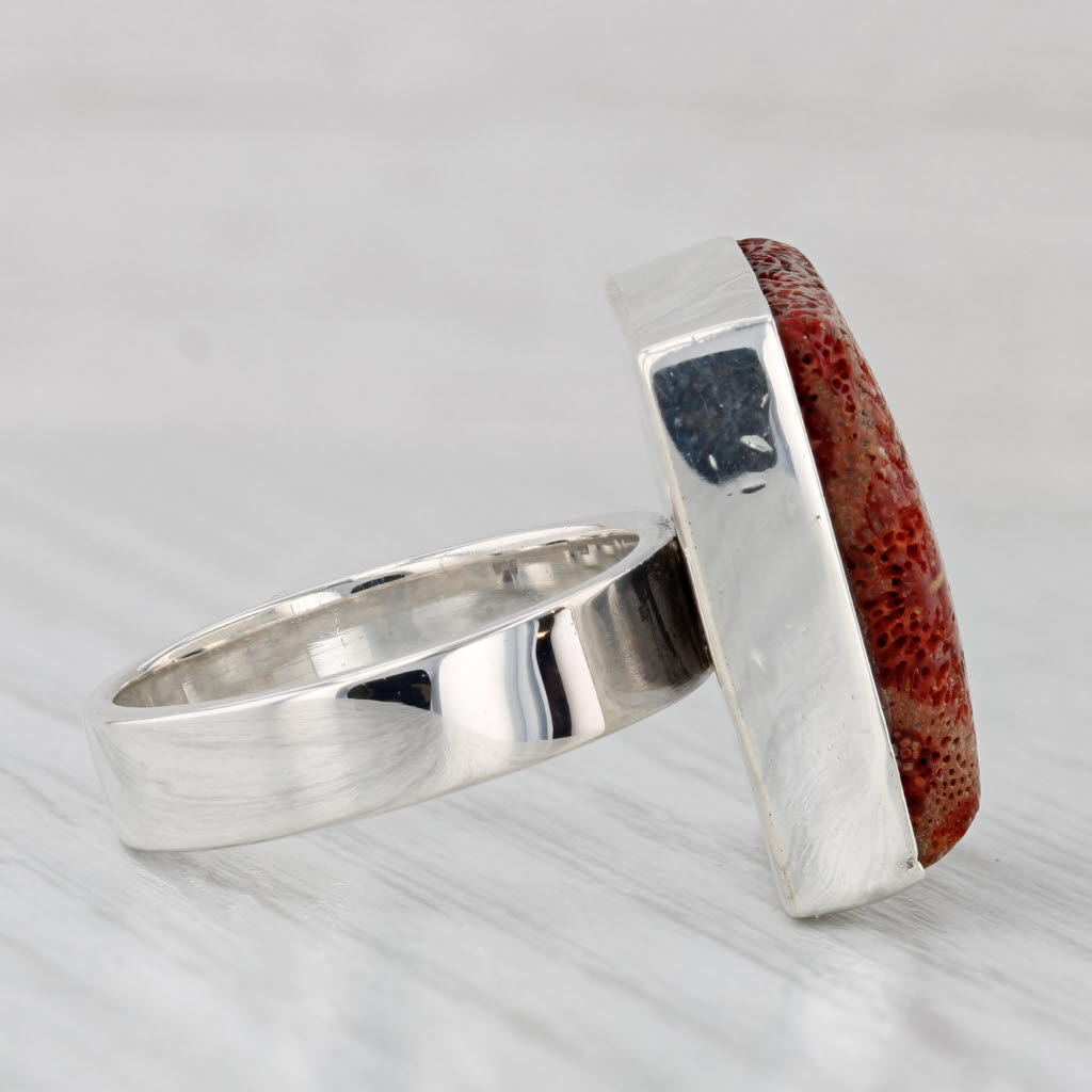 Light Gray Coral Square Cabochon Ring Sterling Silver Size 7.75