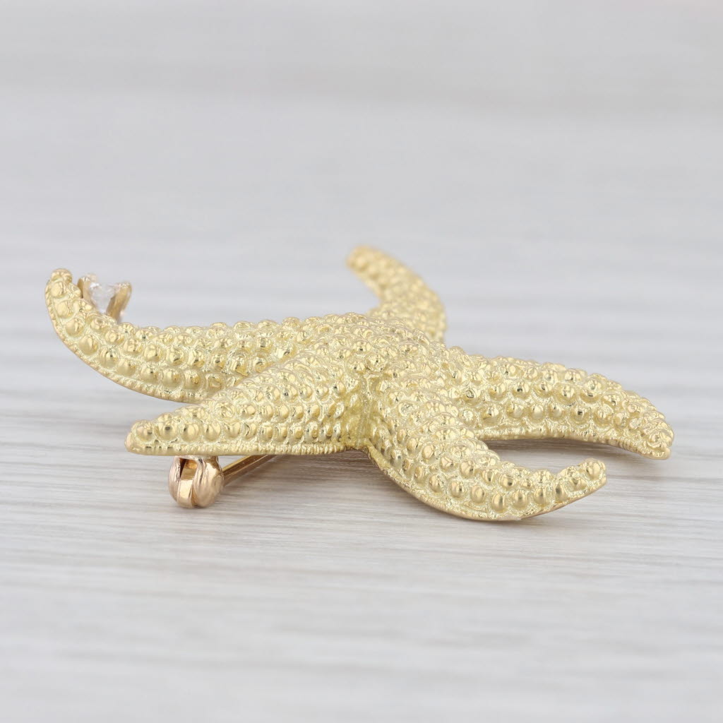 Light Gray Diamond Accented Starfish Brooch 18k Yellow Gold Nautical Pin