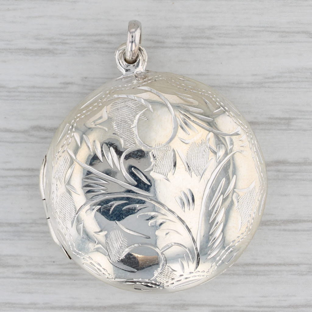 Gray Vintage Floral Engraved Picture Locket Pendant Sterling Silver Charm