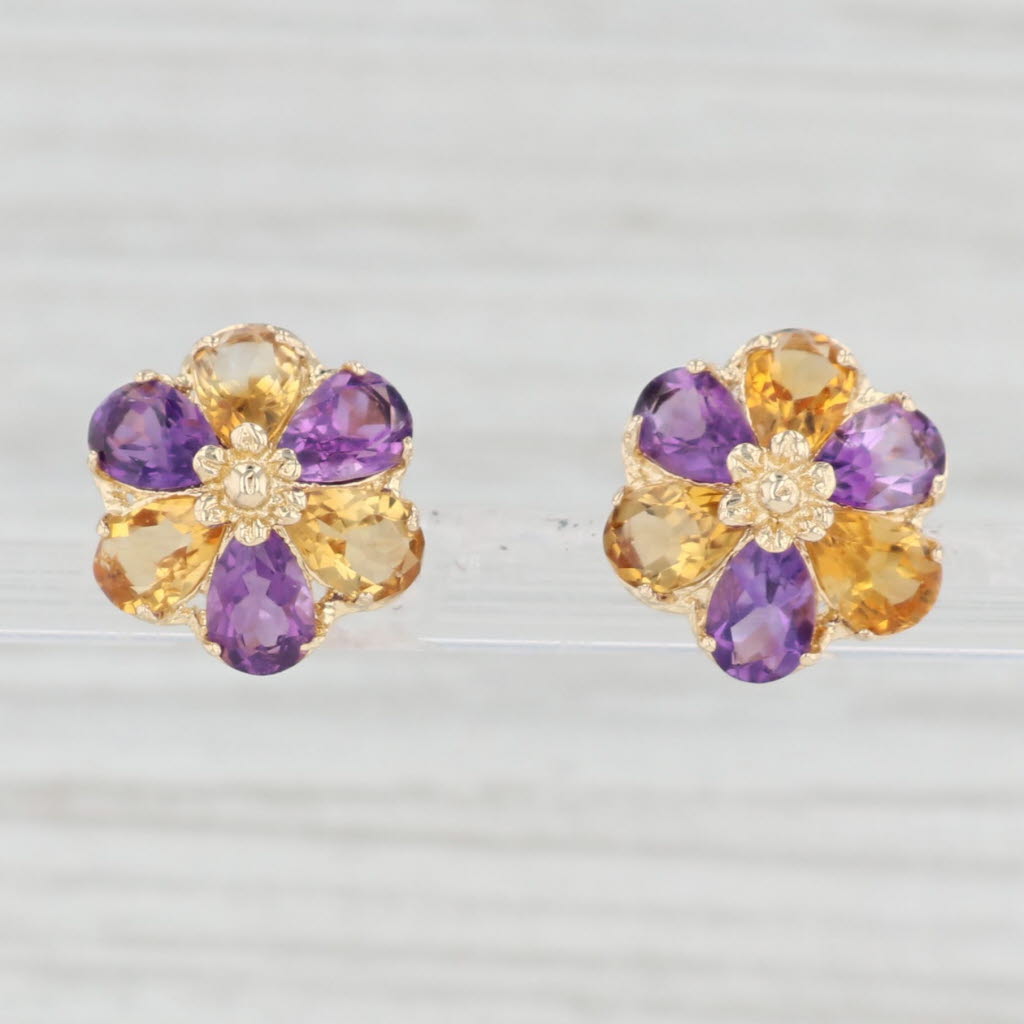 Light Gray 4.20ctw Amethyst Citrine Flower Stud Earrings 14k Yellow Gold