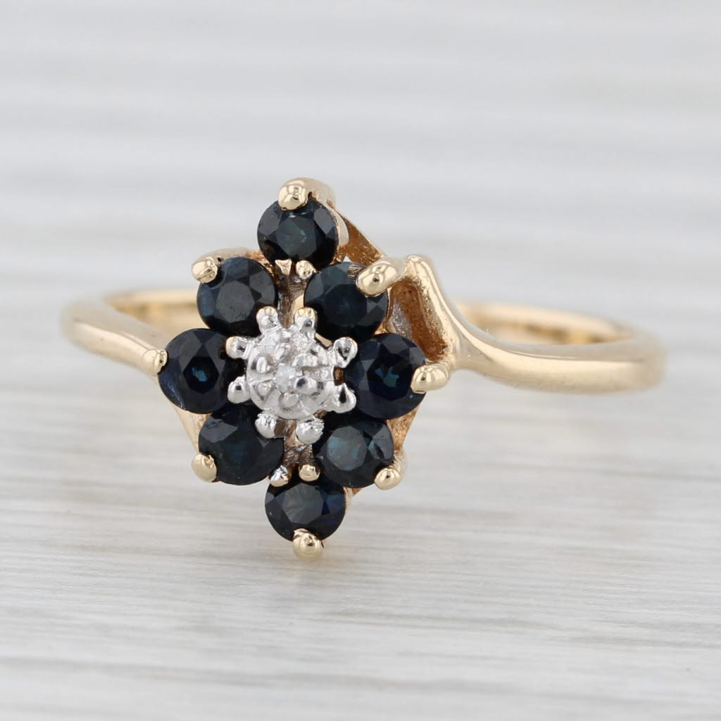 Light Gray 0.65ctw Blue Sapphire Diamond Flower Cluster Ring 10k Yellow Gold Size 6