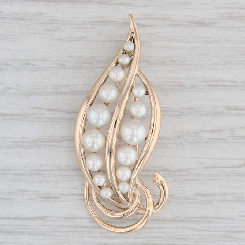 Gray Mikimoto Cultured Pearl Leaf Brooch 14k Yellow Gold Pin