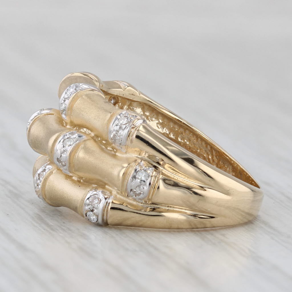 Light Gray Layered Stacked Band 0.10ctw Diamond Bamboo Ring 14k Yellow Gold Size 5.75