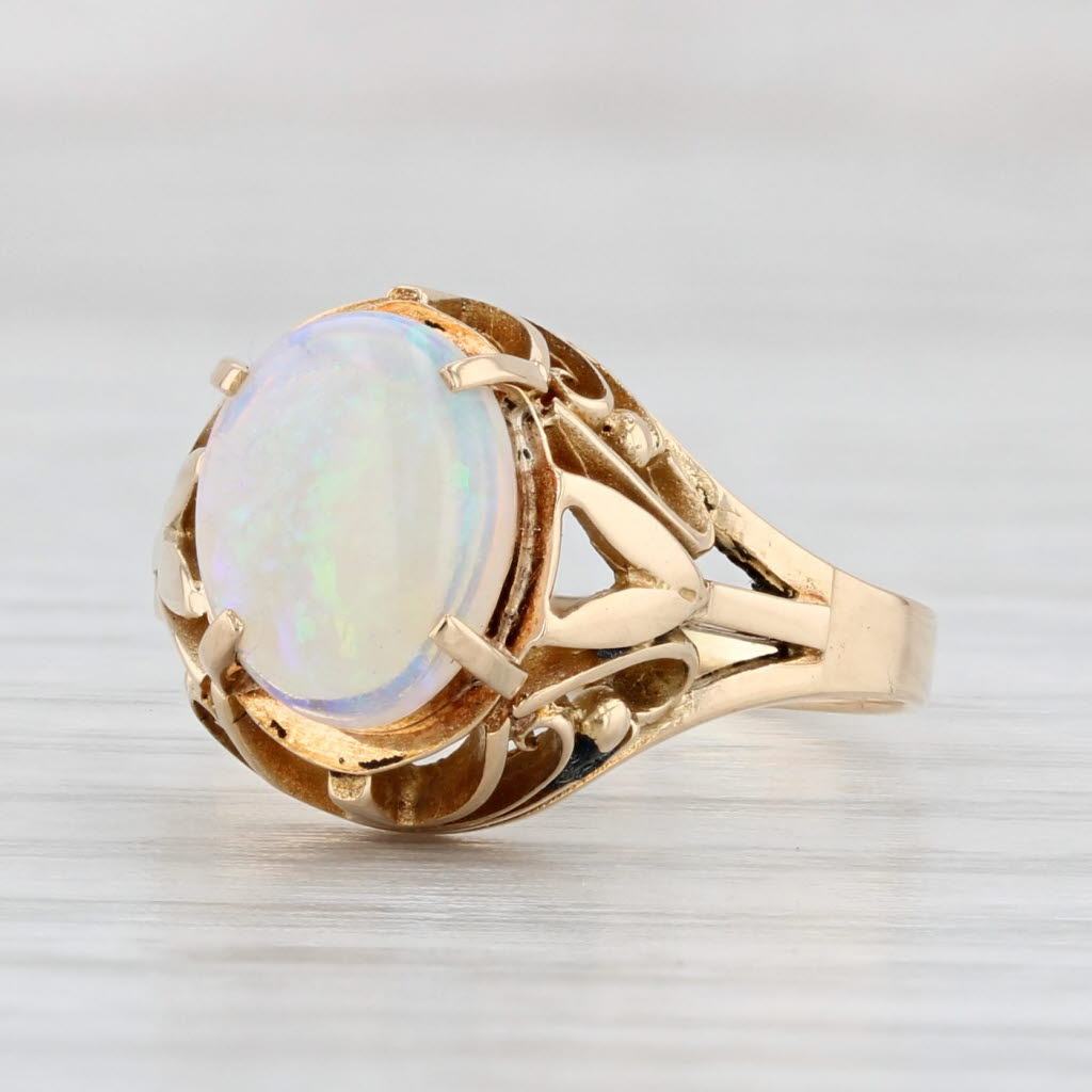 Light Gray Vintage Ornate Opal Ring 18k Yellow Gold Size 5.25 Oval Cabochon Solitaire