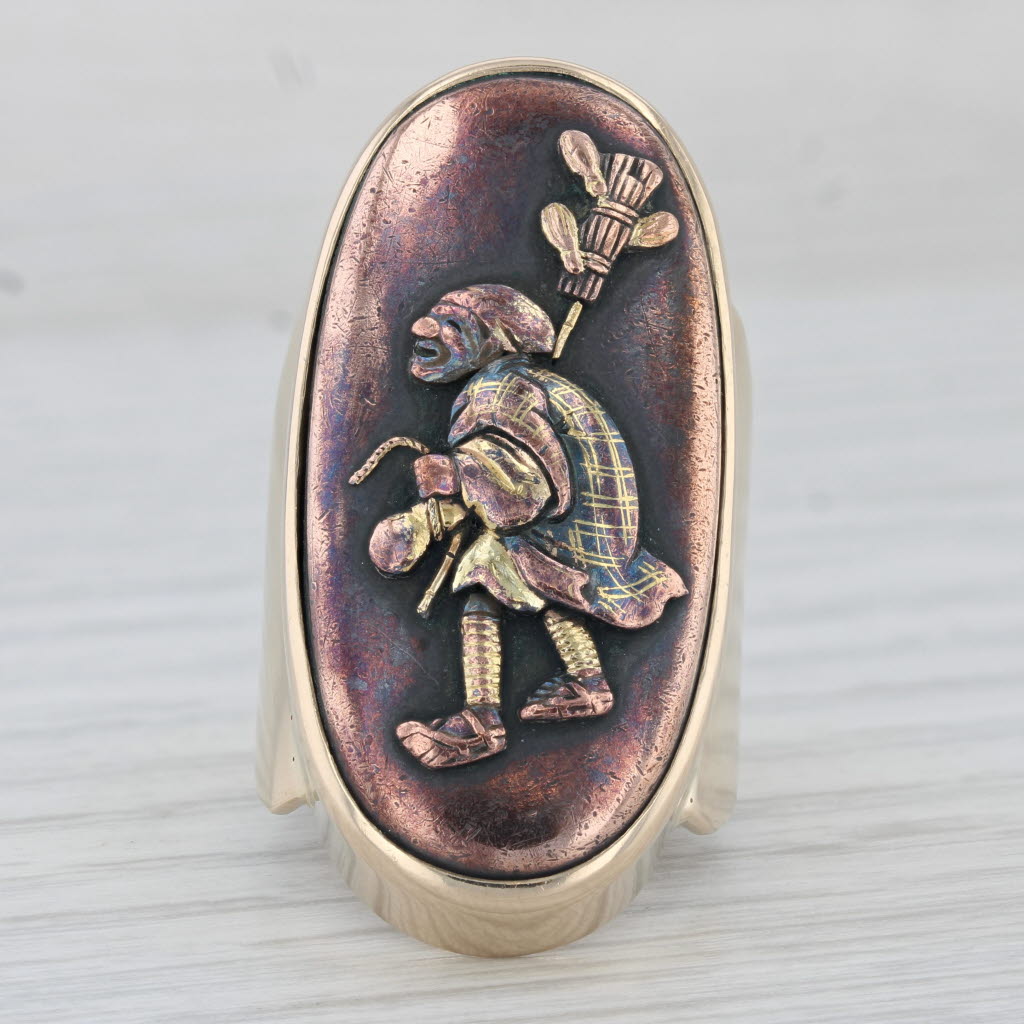 Large Japanese Shakudo Figural Signet Ring 14k Gold Copper Inlay Ancient Figure