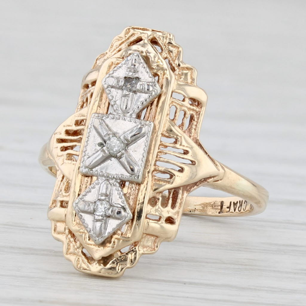 Light Gray Vintage Diamond Filigree Ring 10k Yellow White Gold Size 4.5 Star Craft