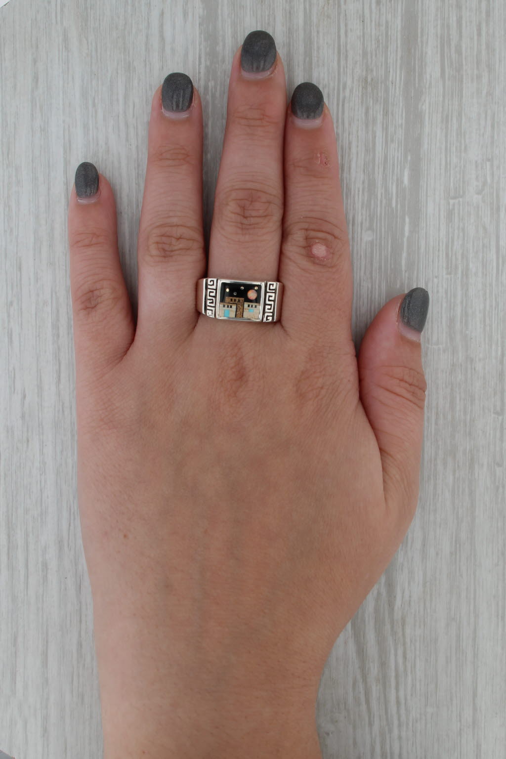 Stone Mosaic Night Town Scene Ring Sterling Silver Size 10.5 Native American
