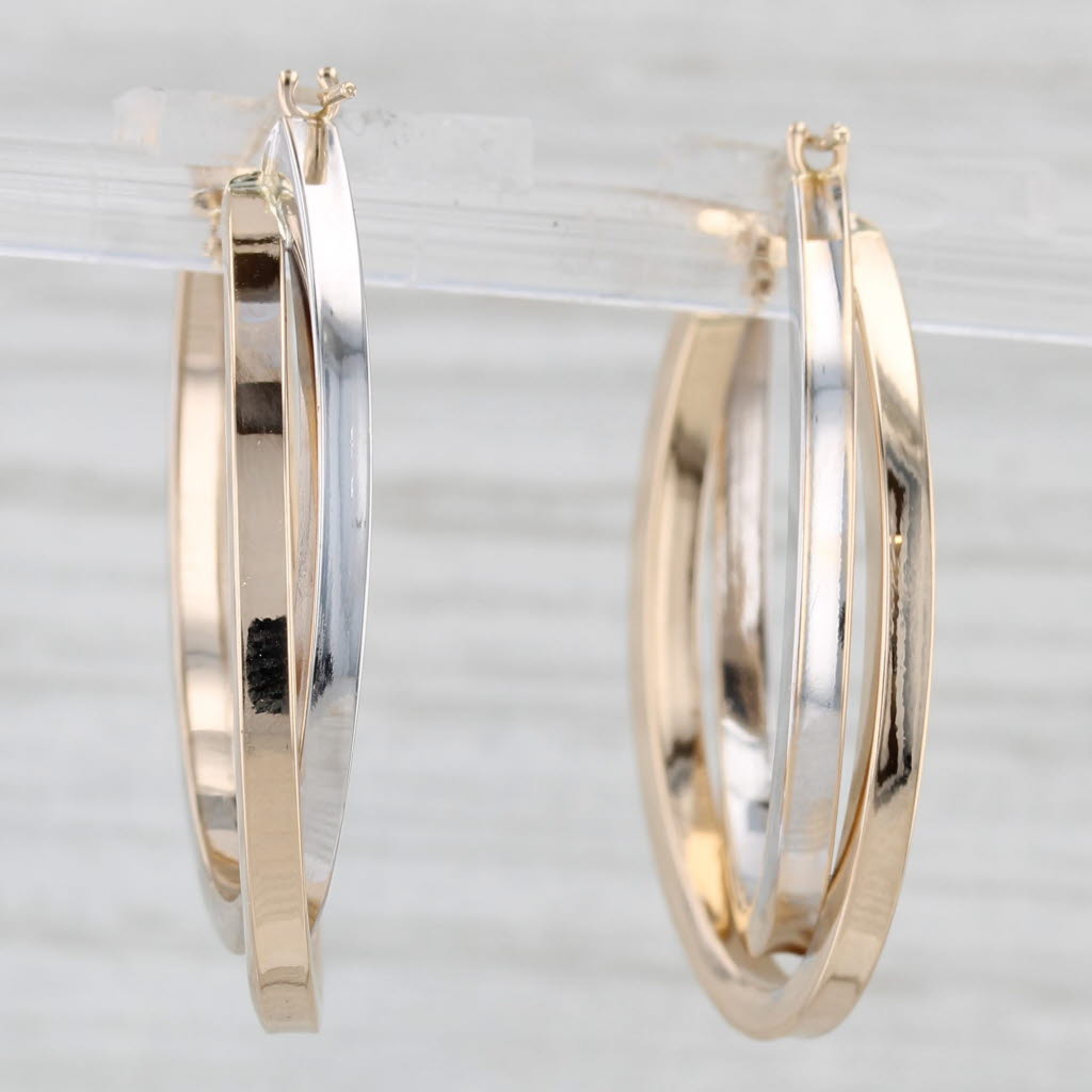 Light Gray 2-Toned Oval Hoop Earrings 14k Yellow White Gold Snap Top Hoops