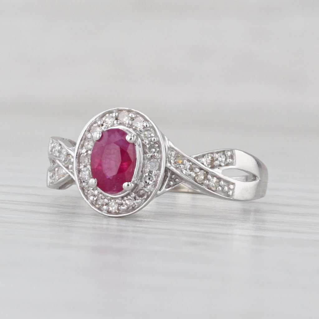 0.70ctw Oval Ruby Diamond Halo Ring 10k White Gold Size 7.5