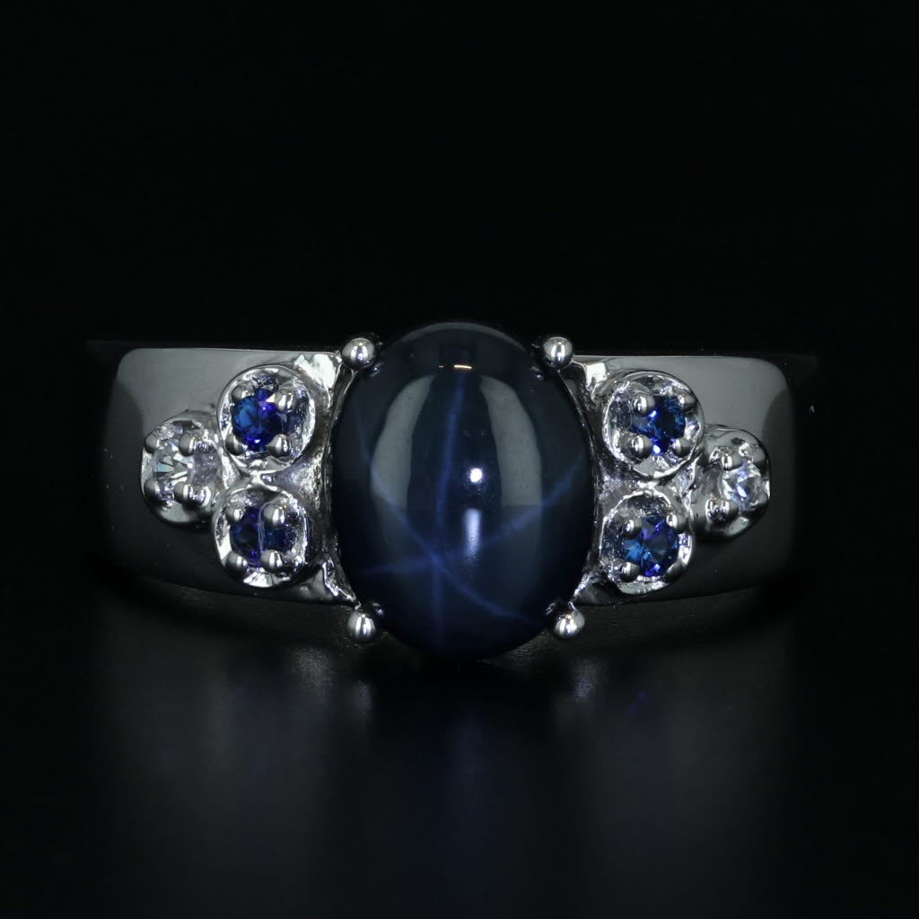 Black Blue White Sapphire Ring 10k White Gold Size 7 Oval Cabochon Star Sapphire