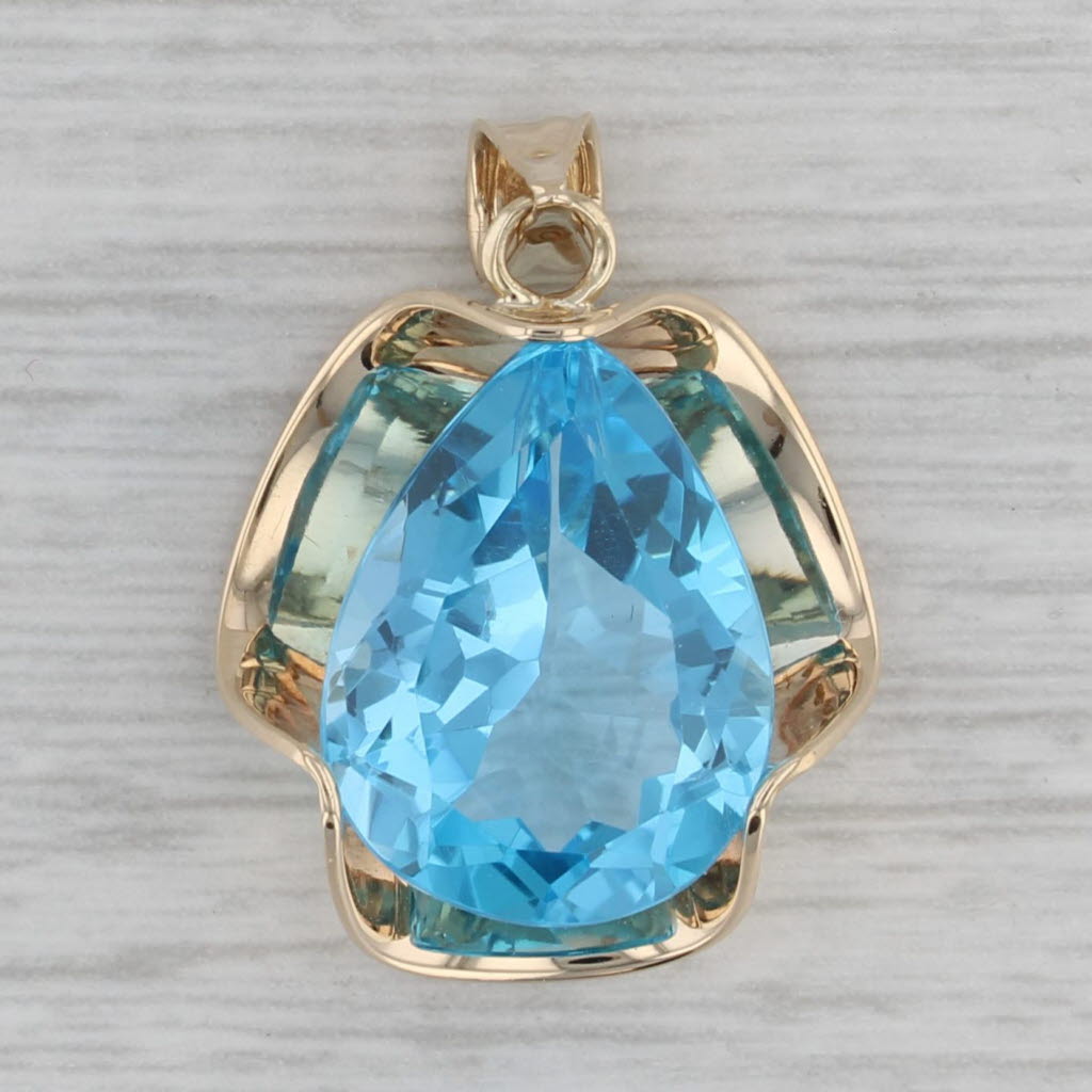 Gray 9ct Blue Topaz Pendant 14k Yellow Gold Pear Solitaire