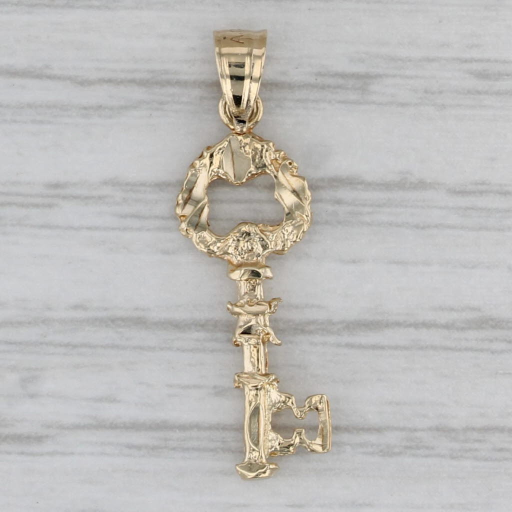 Gray Skeleton Key Pendant 10k Yellow Gold Small Drop